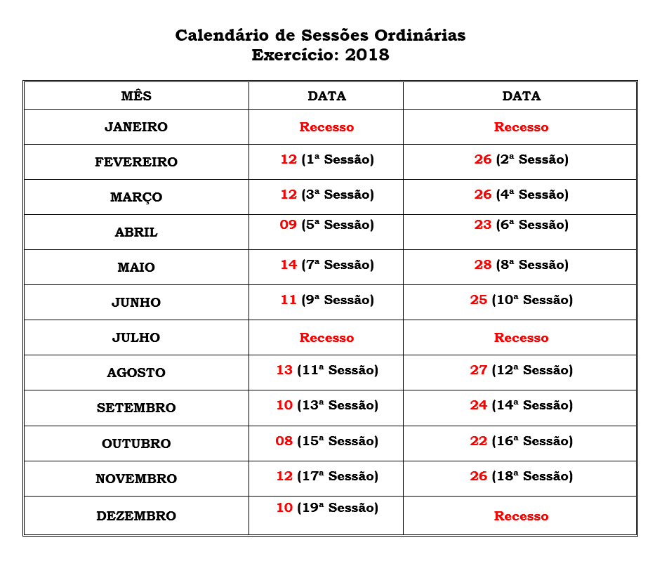 Câmara Municipal divulga agenda de Sessões para 2018.
