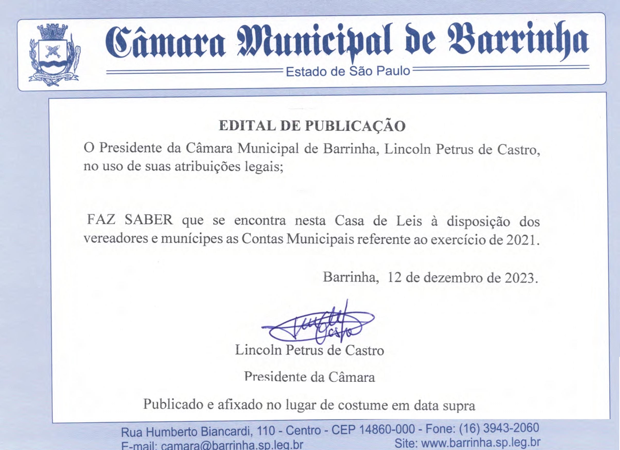 Edital de Contas Municipais - Exercício de 2021