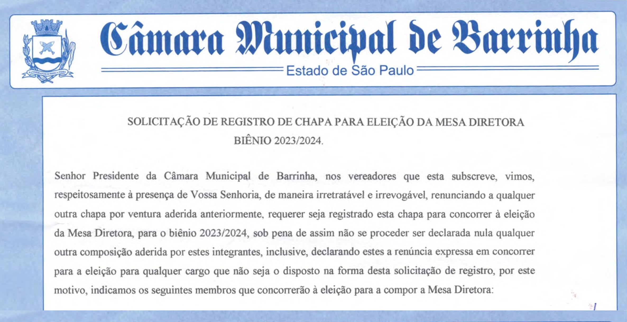 Solicitação de Registro de Chapa para Eleição da Mesa Diretora Biênio 2023/2024.